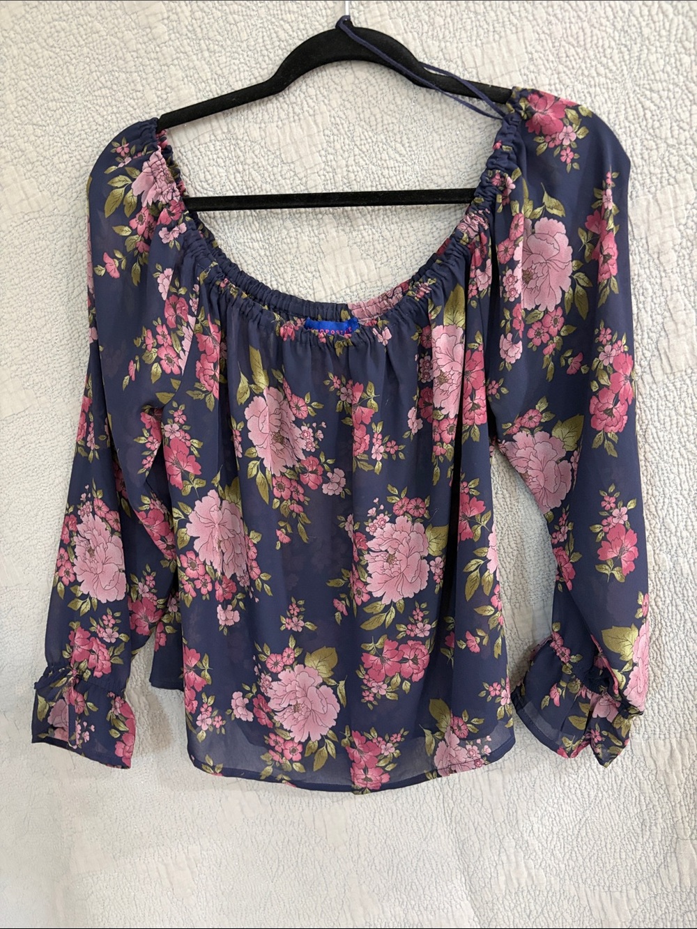 Aeropostale Navy Floral Off-Shoulder Blouse with Pink Blooms